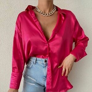 🦩NWT ZARA Longsleeve Satin Hot Pink Button Down Vneck Shirt Blouse Medium